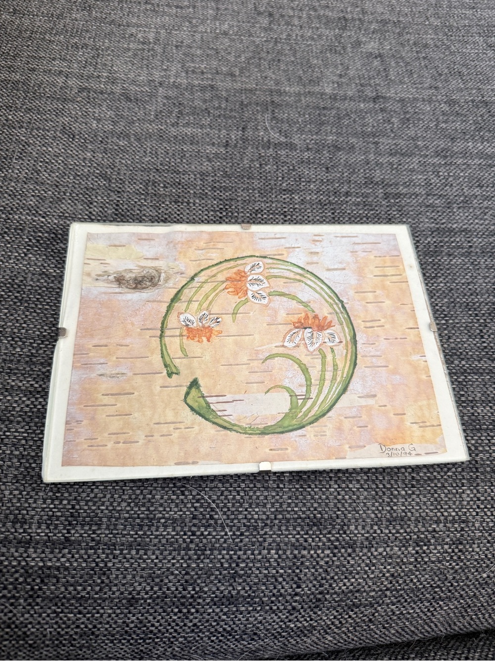 Hand-Painted Floral Circle Art Print in Green and Orange Donna G 1994
